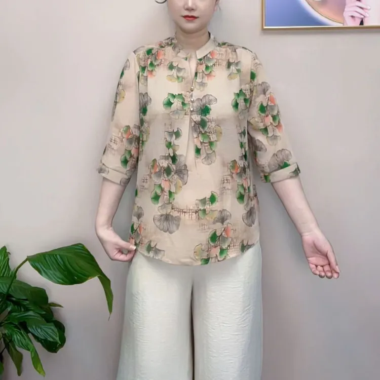 夏季新款V领中袖妈妈装上衣时尚修身显瘦大码百搭