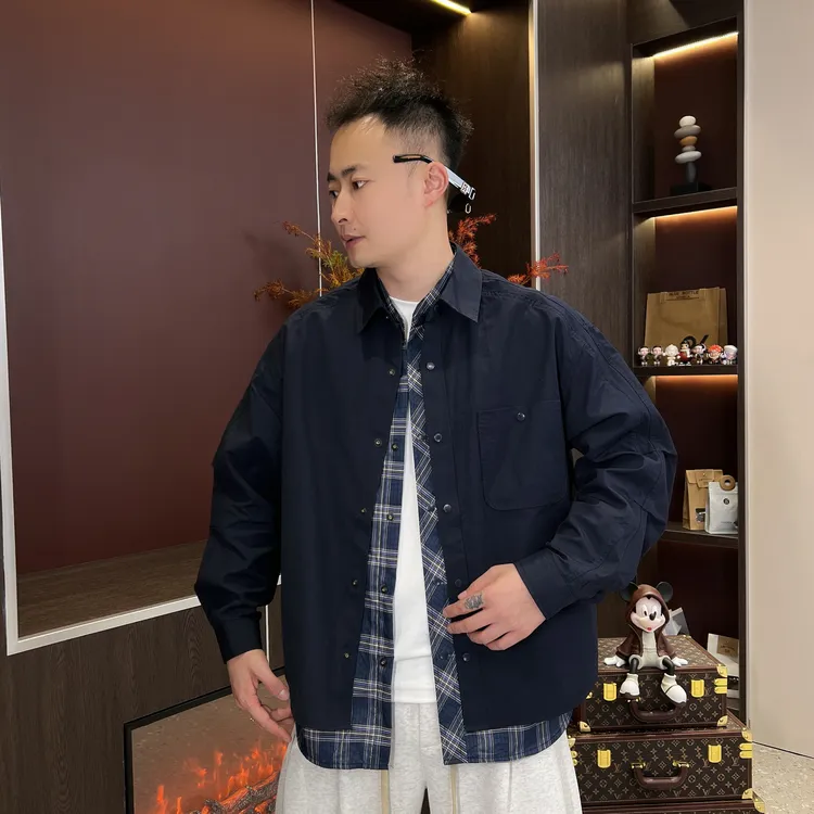 DB 男装秋季新款假俩件格子衬衫外套情侣款高街风洋气时尚潮流189
