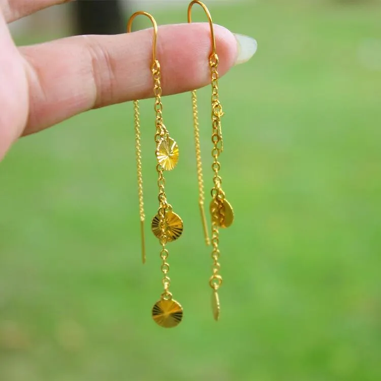 铜合金耳饰 镀金耳环车花三圆片流苏耳线气质淑女双层前后挂耳坠