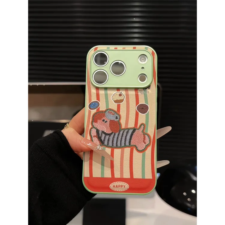 竖条小狗适用苹果17pro手机壳16pm小众女华为p70金属皮纹防摔小米