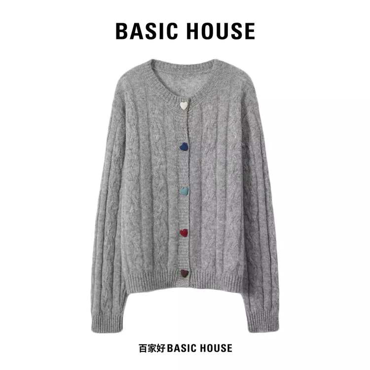 Basic House/百家好慵懒风毛针织衫2025早秋新款森系圆领长袖上衣
