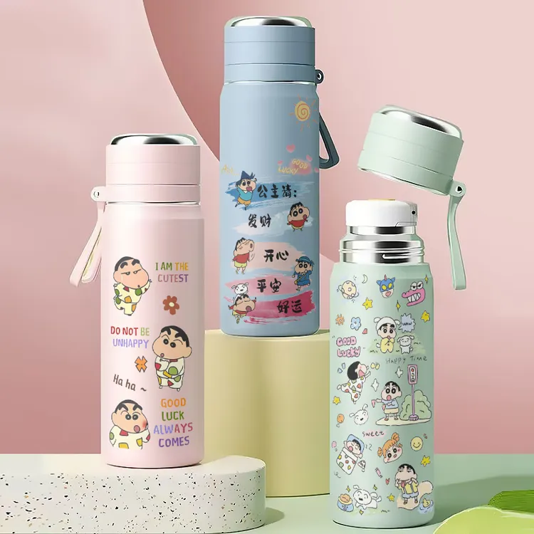 蜡笔小新保温杯子弹杯不锈钢学生女款高颜值吸管大容量可爱凯蒂猫