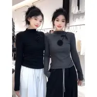 设计感立体花朵长袖T恤女2025秋冬新款内搭半高领打底衫修身上衣
