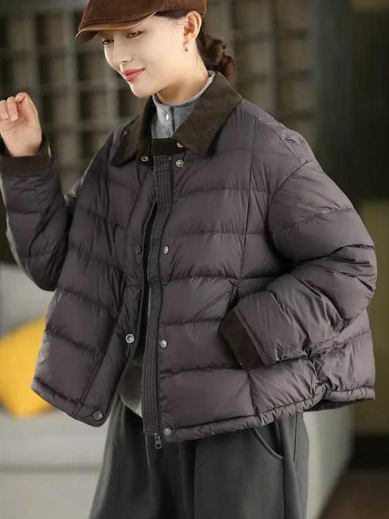 新款冬季90%白鸭绒保暖外套拼灯芯绒翻领抽绳摆女士基础款羽绒服