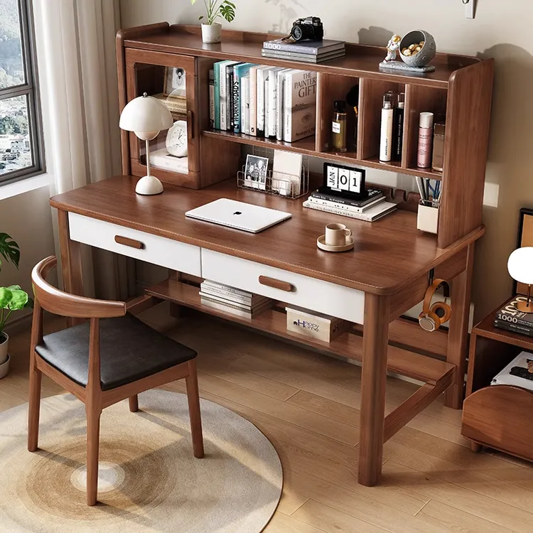 实木书桌书架一体桌学生家用奶油风桌子女生卧室儿童学习桌电脑桌