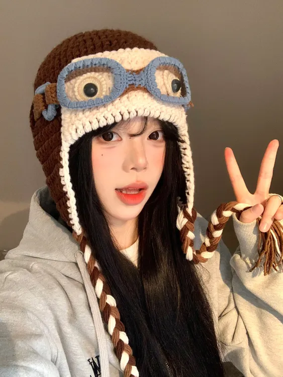 檀健次同款可爱搞怪毛线帽女秋冬2025新款针织飞行帽保暖包头帽子