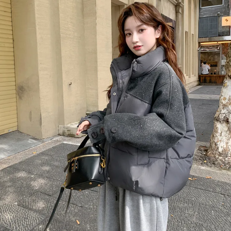 女款小个子烫砖毛呢拼接棉服女短款加厚新款爆款流行大气保暖外套