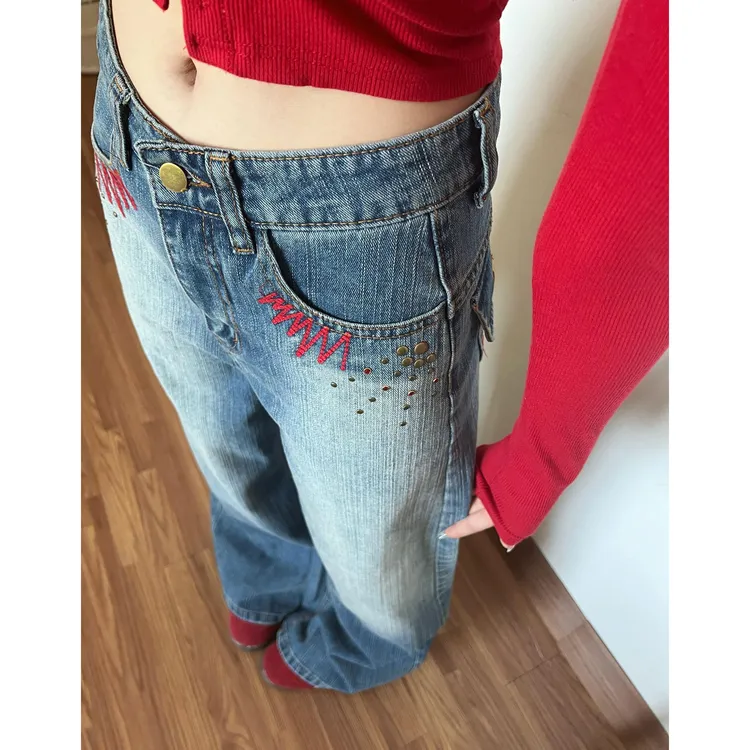 美式复古烫钉烫钻重工刺绣水洗牛仔裤女秋冬设计感宽松显瘦阔腿裤