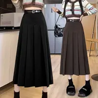 【送腰带】黑色半身裙女秋冬高腰遮胯A字裙小个子毛呢百褶裙长款481