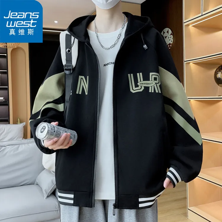 Jeanswest/真维斯青少年棒球服夹克连帽外套上衣秋季新款男士卫衣