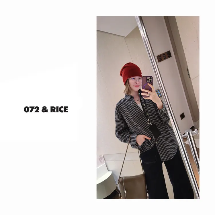 072 & RICE【妙妙格】秋季休闲双层撞色领口格纹衬衫 A-YE08