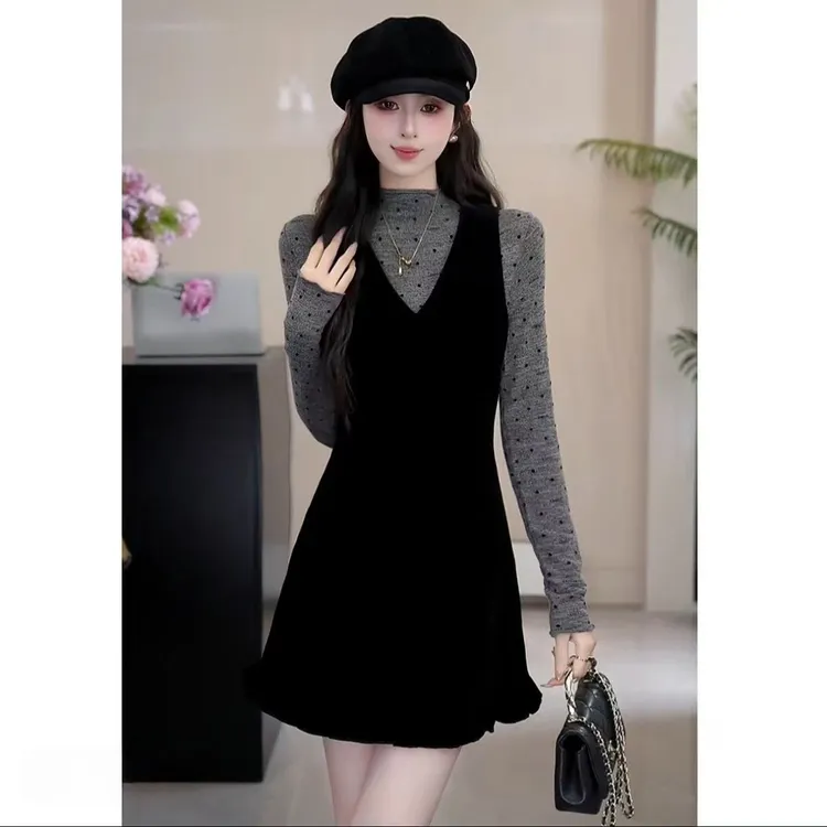 气质波点T恤黑色丝绒背心连衣裙两件套2025新款秋季套装设计小众