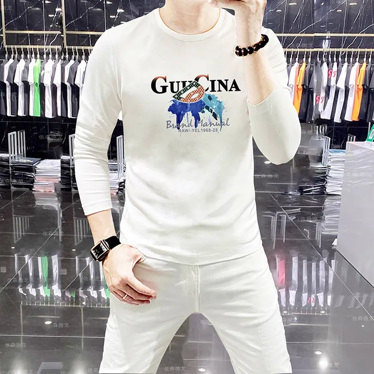 轻奢欧潮男士长袖圆领衫T恤男装秋衣潮流时尚百搭上衣烫钻字母帅