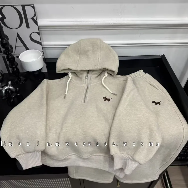 【加绒加厚】新款细散撒银加绒款羊驼绒儿童连帽卫衣套装半拉链套装