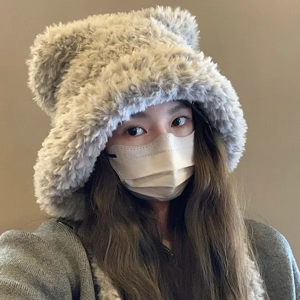 冬季小熊帽子可爱毛绒护耳大头保暖雷锋加绒防风毛加厚包头耳朵JY