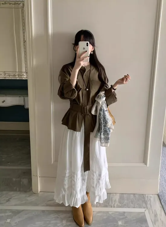 韩系早秋穿搭高级感套装通勤长袖衬衫女秋季蕾丝拼接半身裙两件套