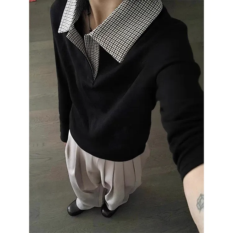 美式复古黑色千鸟格长袖t恤男款高级感重磅Polo衫翻领内搭打底衫