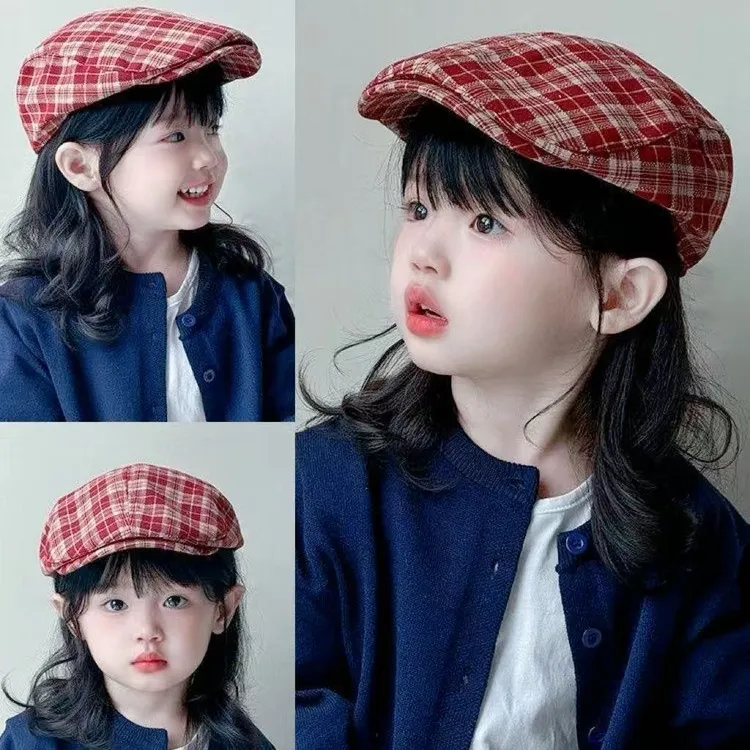 儿童秋季洋气帽子男女童前进帽宝宝复古格子公主贝雷帽春秋画家帽