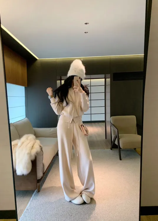 2026秋冬新款韩系粉色连帽卫衣开衫加绒休闲裤保暖休闲针织套装