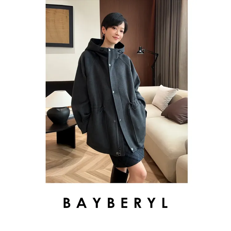 券-BAYBERYL老贝小禾*抽绳羊绒连帽中长插肩秋大衣MF5I0510-9/21