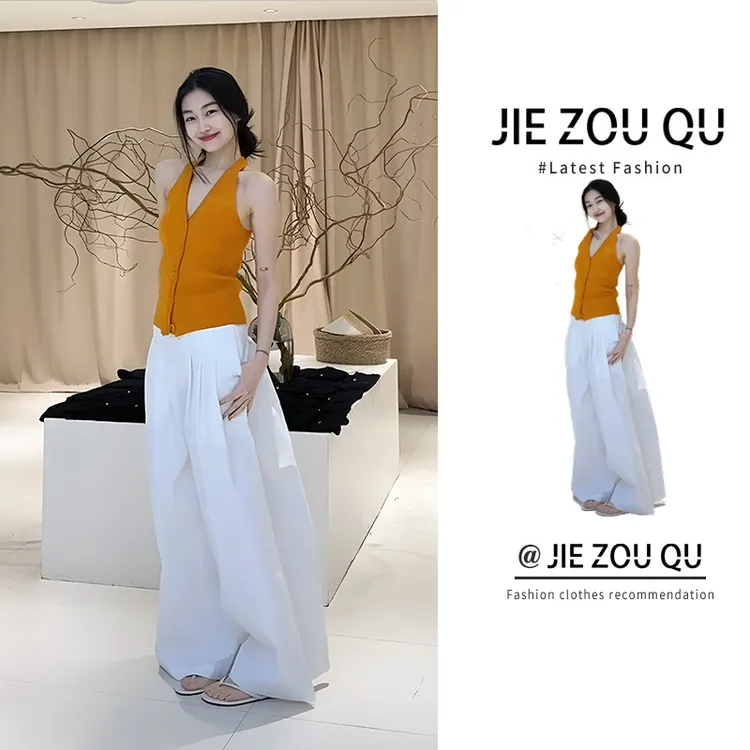 MARIE.COCO新款挂脖针织修身开衫背心上衣宽松气质休闲长裤两件套