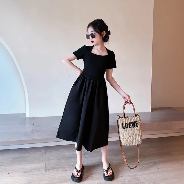 女童连衣裙夏2025新款儿童女大孩夏装法式裙大童裙子赫本风小黑裙