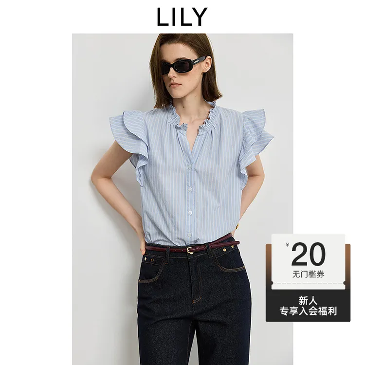 【一秒入夏】LILY2025夏新款全棉学院风V领小飞袖衬衫女125229C4946