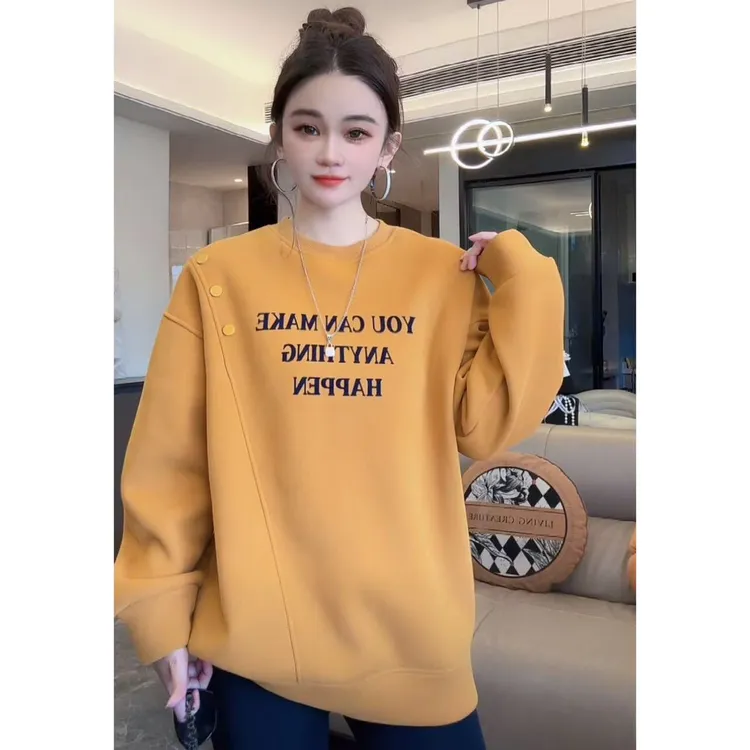 【半夏专属】冬季新款植绒绣重工落肩慵懒风中长款圆领卫衣 2703