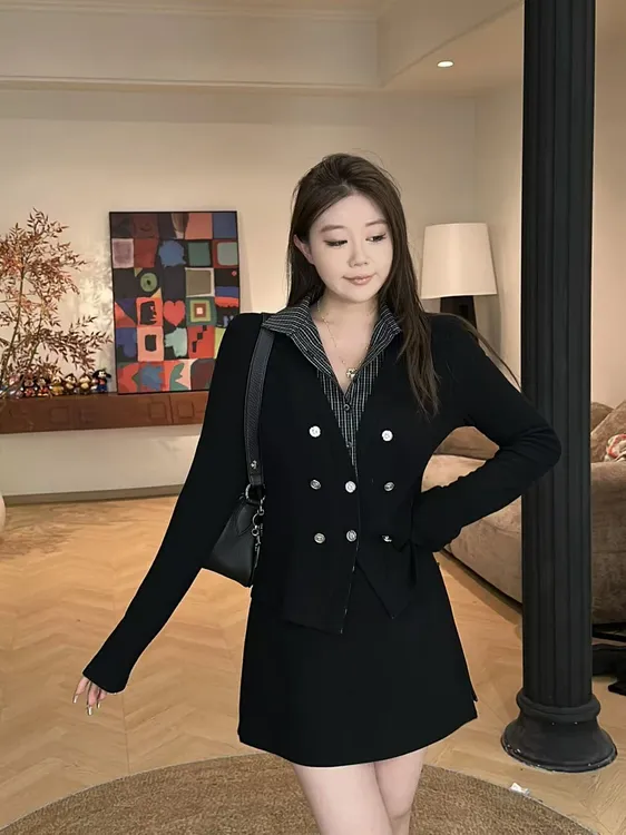 琪琪怪怪大码女装【学院派】假两件拼接时尚百搭针织上衣T17625QD