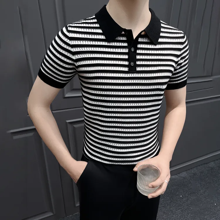 条纹POLO衫男款爆款2025新款夏季薄款镂空男装小翻领男士短袖T恤