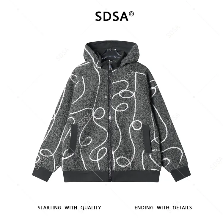 SDSA男士秋冬新款痞帅男装潮牌撞色凌乱线条拉链立领连帽卫衣百搭
