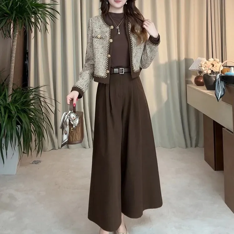 2025秋冬新款小香风时尚气质洋气轻奢长袖夹棉外套阔腿裤两件套