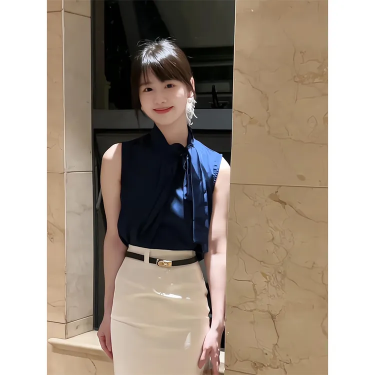 夏季高贵上衣高级感轻奢减龄洋气藏蓝色无袖衬衫半身裙包臀裙半裙