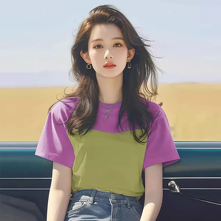 美式复古时尚撞色短袖t恤女夏季2025女款设计感拼接宽松正肩上衣