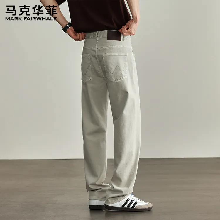 马克华菲高品质米白色直筒牛仔裤男士夏季新款复古通勤弹力休闲裤