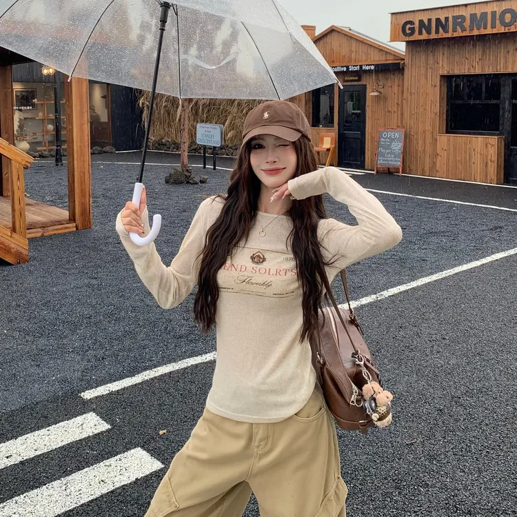 3MER 美式复古印花长袖T恤女秋季新款修身内搭打底衫上衣