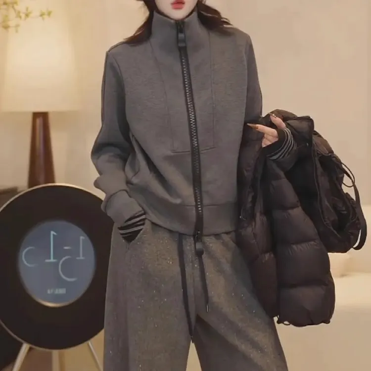 简约立领双拉链卫衣女秋季新款胖MM大码女装休闲修身显瘦上衣外套