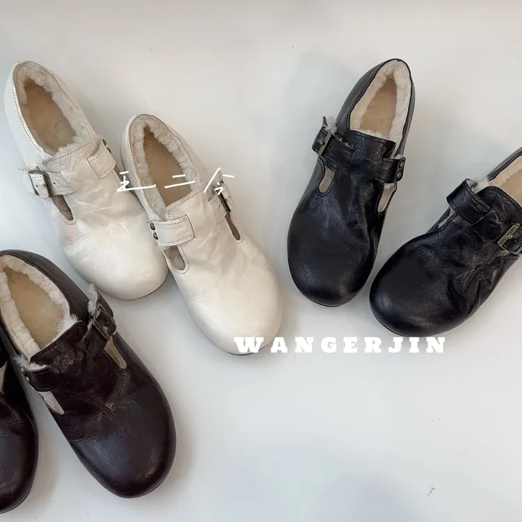 【王二今】羊皮/4CM/内增高博肯皮带扣皮毛一体羊羔毛乐福单鞋女