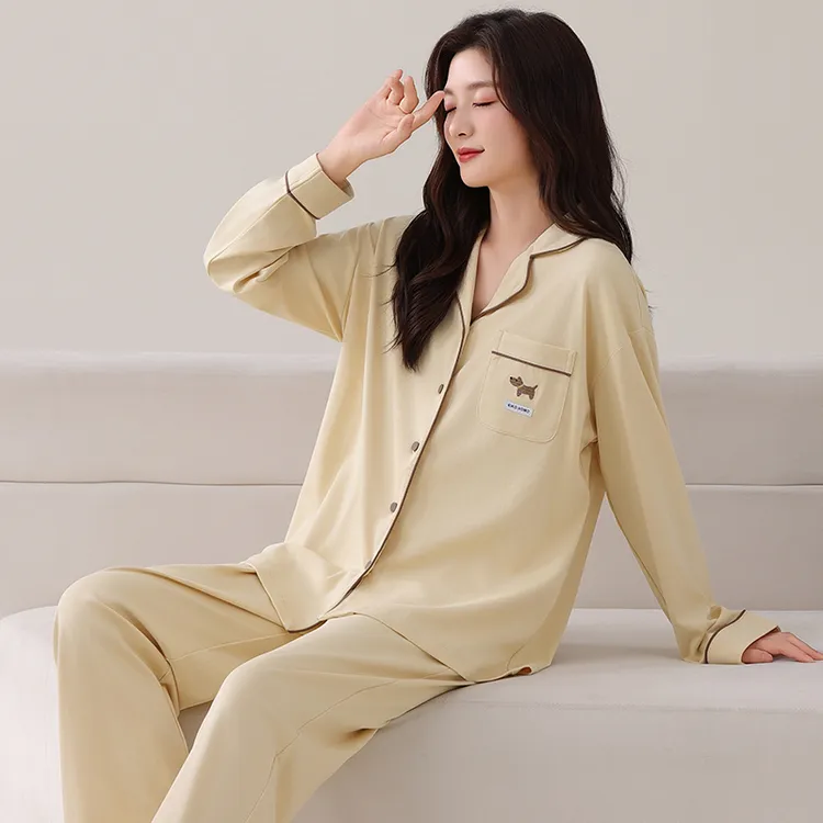 女士睡衣春秋季纯棉长袖开衫休闲简单大方学生2025新款家居服套装