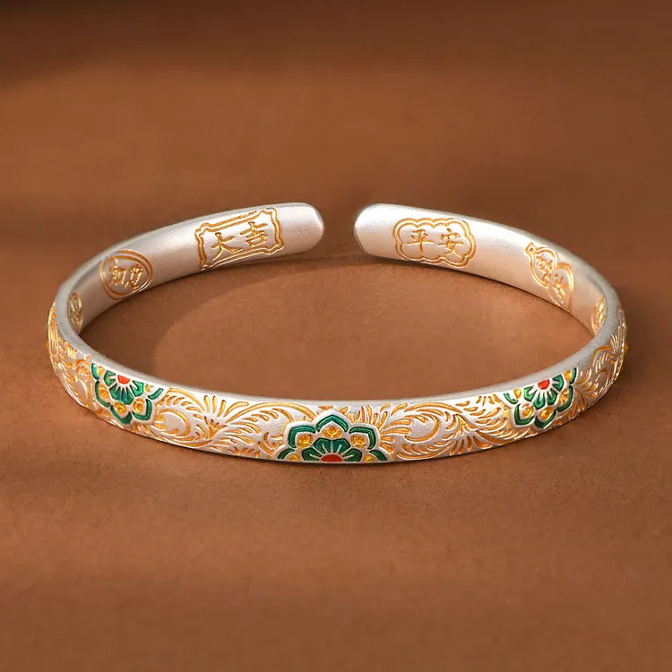 足银手镯 唐草纹宝相花足银999手镯珐琅彩描金实心开口镯子礼物