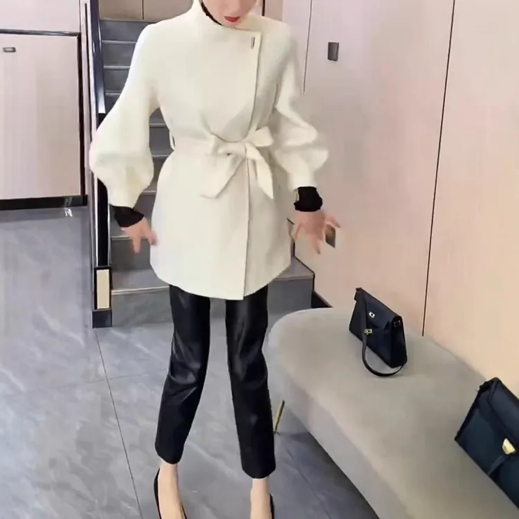 2025秋冬时尚气质韩版双面百搭休闲系带收腰显瘦中长款毛呢外套