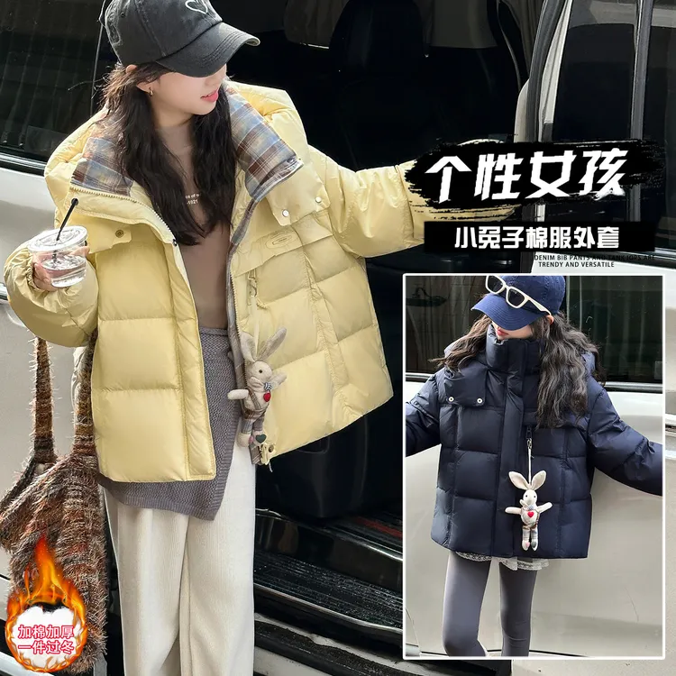 女童冬季加棉加厚棉衣外套2025洋气韩系加棉加厚相拼格子连帽棉衣