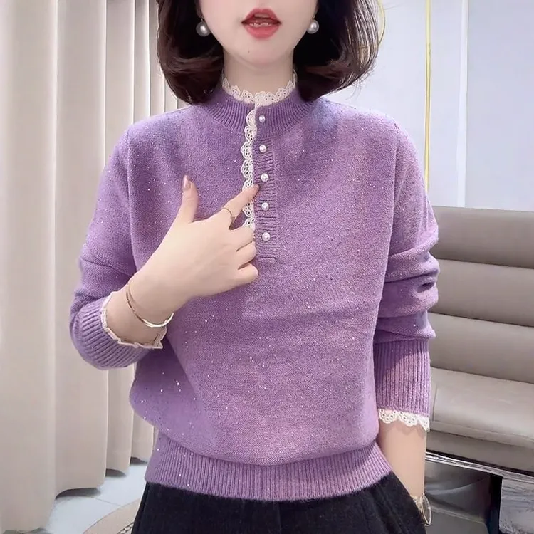 时尚韩版百搭细闪亮片毛衣女秋冬新款洋气显瘦蕾丝花边领打底上衣