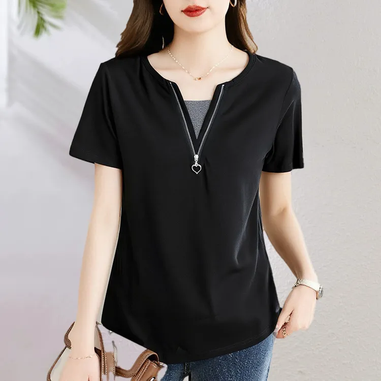 芳妮诗大码女装上衣夏季2026新款短袖t恤女V领宽松显瘦韩版T恤衫