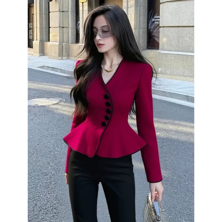 秋季新款超火独特超好看上衣气质名媛高级感长袖修身红色掐腰外套