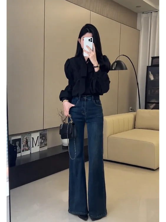 法式蝴蝶结气质绑带泡泡袖衬衫女装2025秋冬新款压褶高级休闲上衣