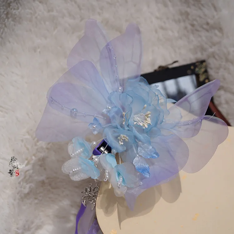 可动3d蝶翼春夏薄纱仿真丝绢纱会动的烫花蝴蝶发夹后压汉服头饰