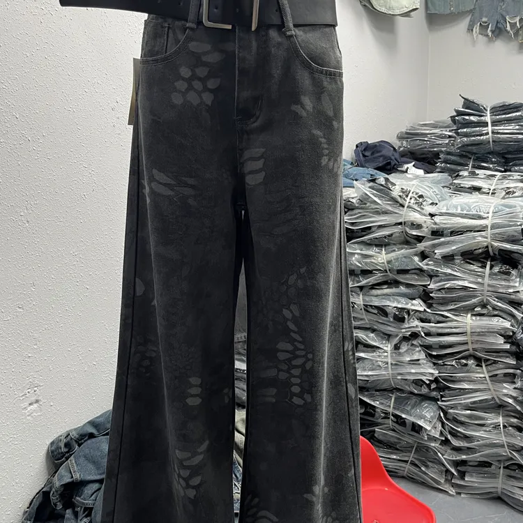 休闲迷彩牛仔痞帅裤子夏季宽松阔腿弯刀裤牛仔裤长裤阔腿裤黑色