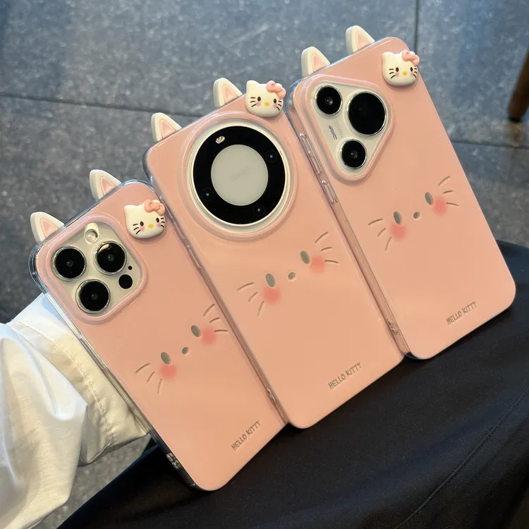 粉kitty表情立体耳朵适用iPhone16/15羽纱手机壳华为vivo小米oppo