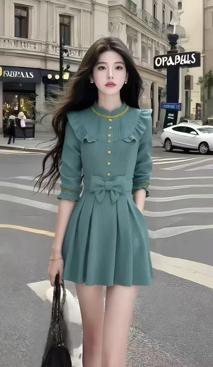 翠绿性感辣妹蝴蝶结连衣裙短款初秋时尚显瘦修身个性氛围感新款